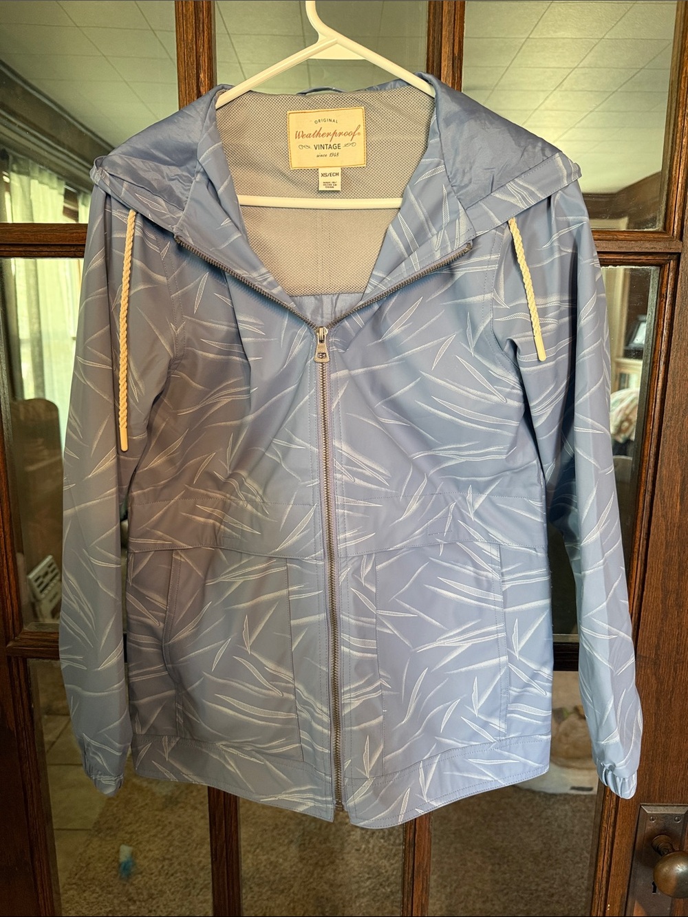 Weatherproof Vintage Womens Blue Abstract Print Hooded Rain Jacket XS ECH Zip Up